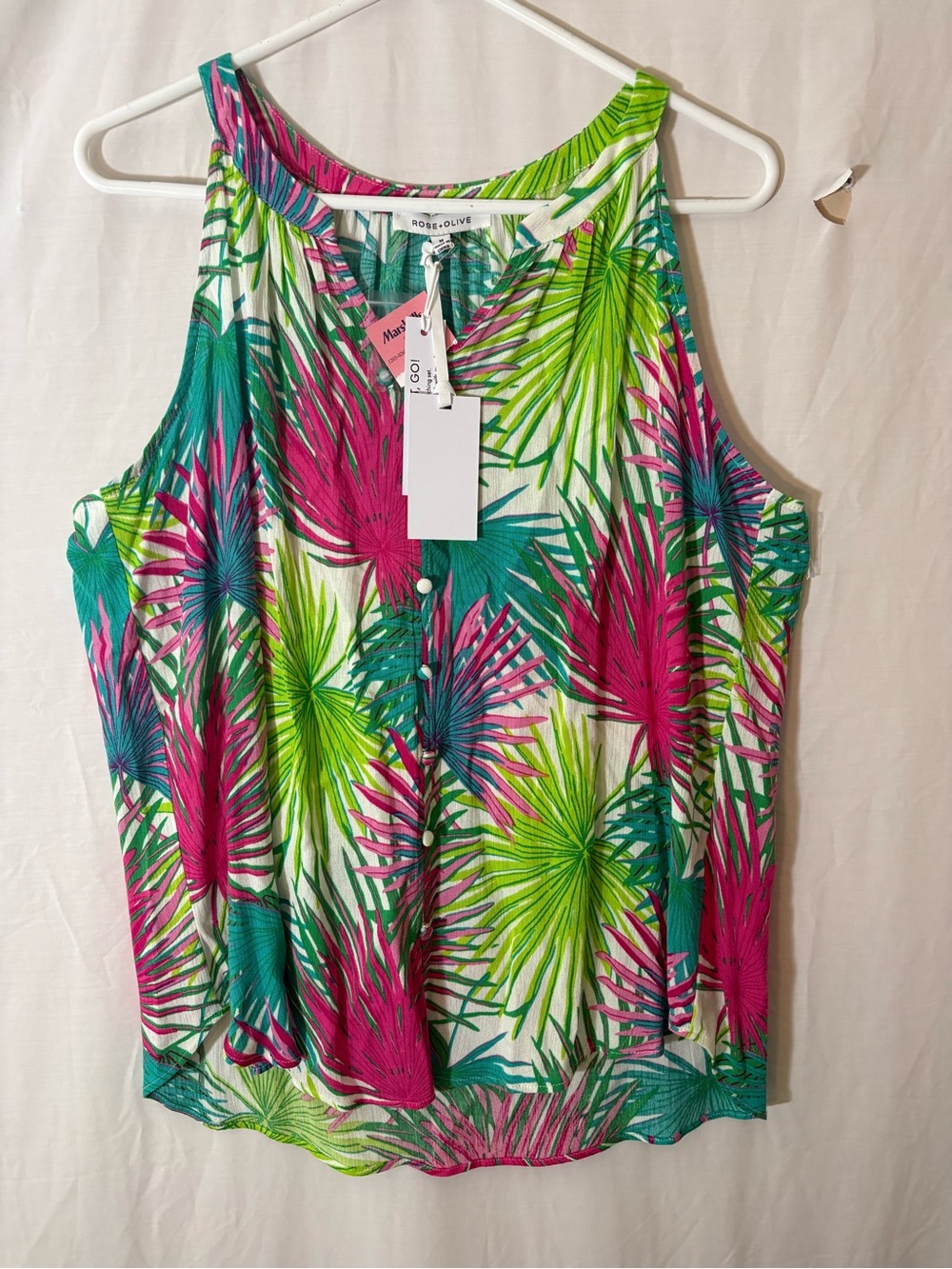 Rose & Olive Tropical Palm Print Sleeveless Top - Pink, Green & Teal